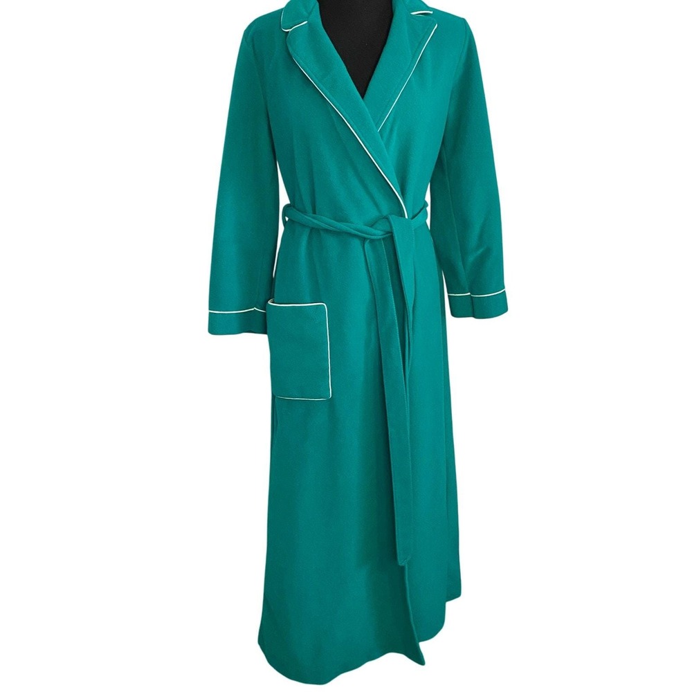 Vintage Kayser Long Green & White Tie Front Wrap Robe Dressing Gown Petite Soft